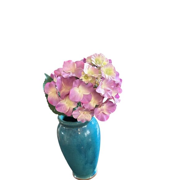 Handcrafted Turquoise Ceramic Vase Faux Pink Hydrangea Floral Arrangement - Picture 5 of 6